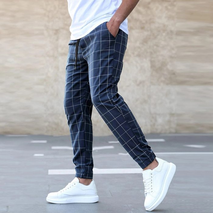 Men’s fashion plaid print drawstring casual pants stylish comfortable trousers