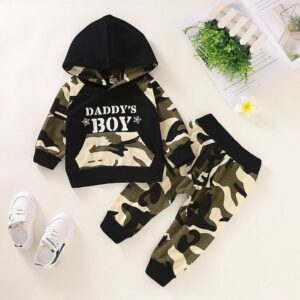 Baby boy Daddy’s Boy camouflage hoodie and pants set with casual hooded sweatshirt and matching camo jogger pants