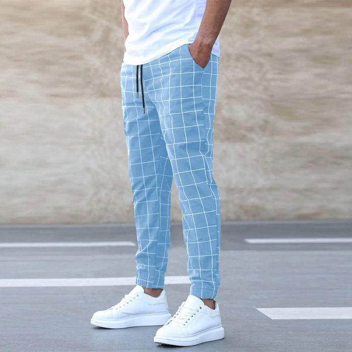 Men’s fashion plaid print drawstring casual pants stylish comfortable trousers