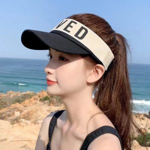 Korean style women’s summer sun protection cap with “Loved” design, lightweight breathable UV blocking hat for outdoor use