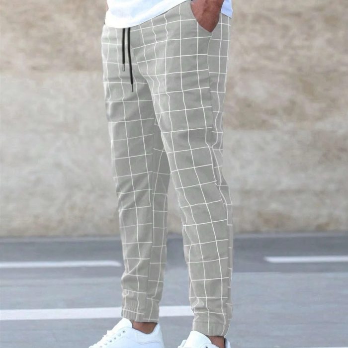 Men’s fashion plaid print drawstring casual pants stylish comfortable trousers