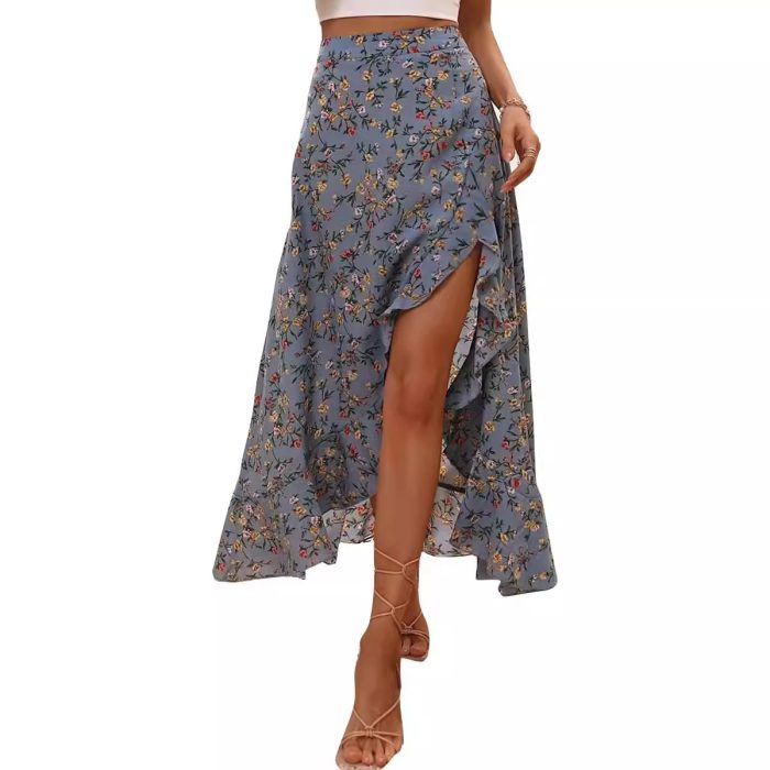 Printed ruffled maxi skirt with side slit design, lightweight and flowy summer skirt for women in casual boho style