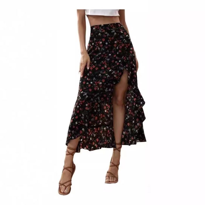 Printed ruffled maxi skirt with side slit design, lightweight and flowy summer skirt for women in casual boho style