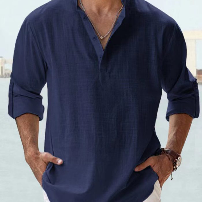 Men wearing casual cotton linen long sleeve loose fit shirt