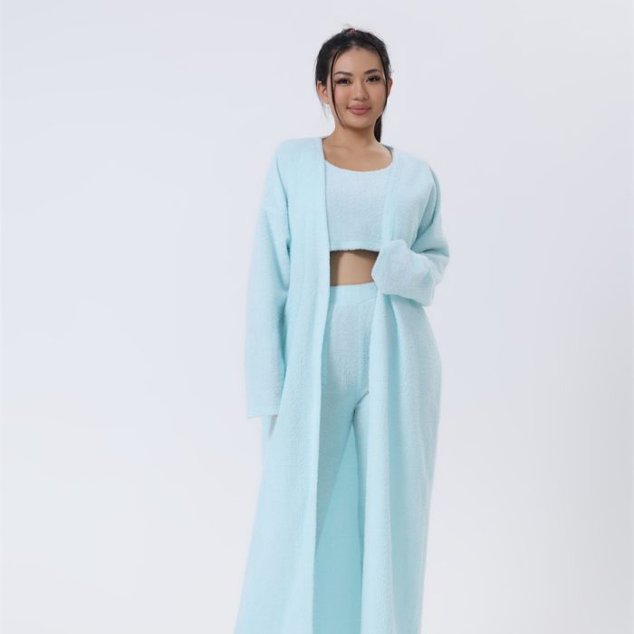Women’s cozy 3-piece warm pajama lounge set with matching top, pants, and outerwear for winter sleepwear and stylish home loungewear.