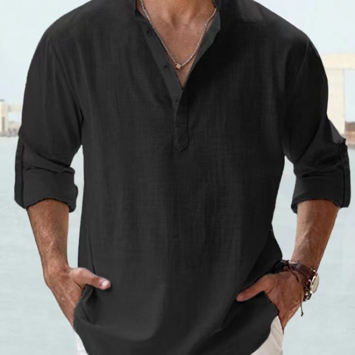 Men wearing casual cotton linen long sleeve loose fit shirt