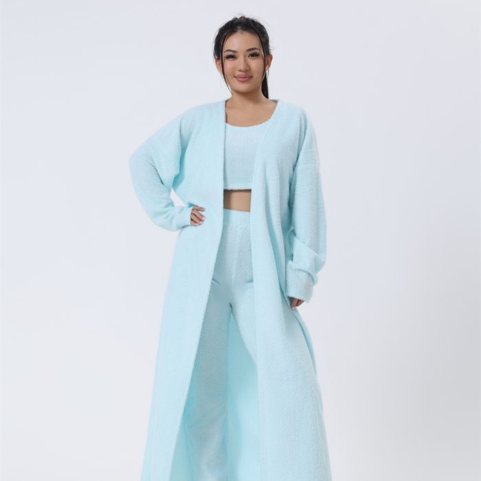 Women’s cozy 3-piece warm pajama lounge set with matching top, pants, and outerwear for winter sleepwear and stylish home loungewear.