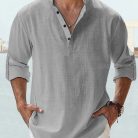Men wearing casual cotton linen long sleeve loose fit shirt