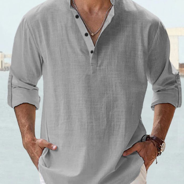 Men wearing casual cotton linen long sleeve loose fit shirt