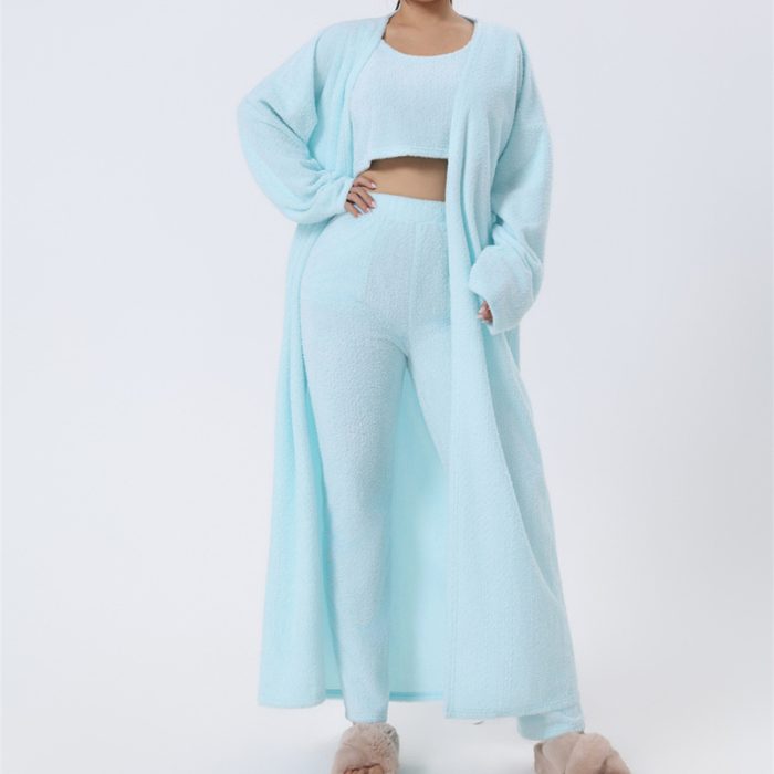 Women’s cozy 3-piece warm pajama lounge set with matching top, pants, and outerwear for winter sleepwear and stylish home loungewear.