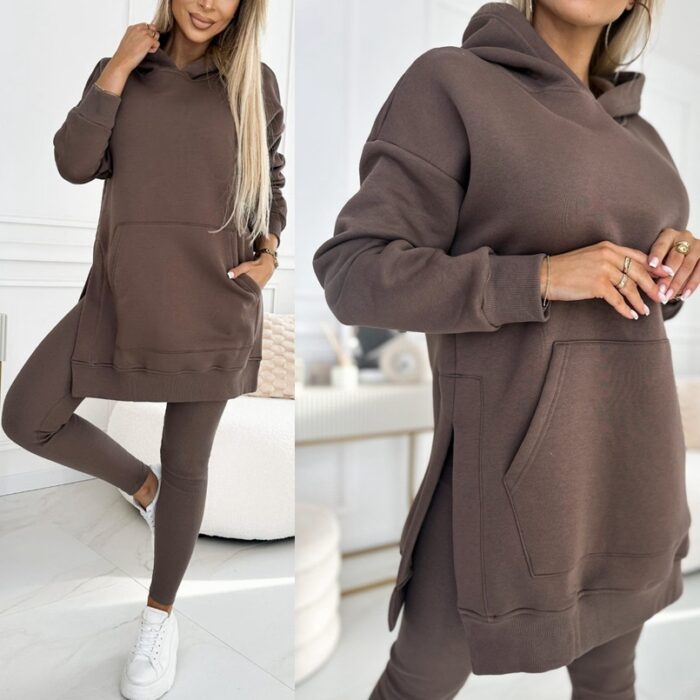 Front view of women’s sports casual hoodie and thick leggings set