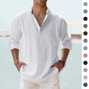 Men wearing casual cotton linen long sleeve loose fit shirt