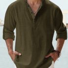 Men wearing casual cotton linen long sleeve loose fit shirt