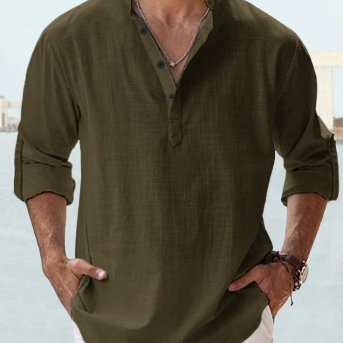 Men wearing casual cotton linen long sleeve loose fit shirt