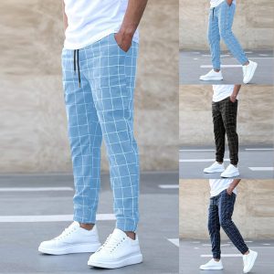 Men’s fashion plaid print drawstring casual pants stylish comfortable trousers