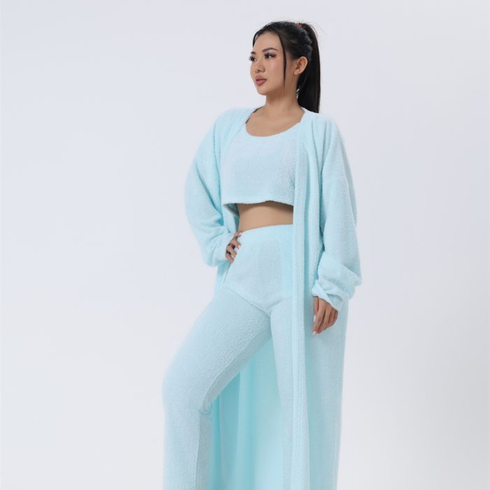 Women’s cozy 3-piece warm pajama lounge set with matching top, pants, and outerwear for winter sleepwear and stylish home loungewear.