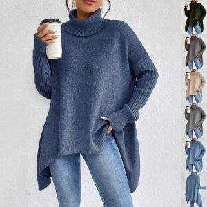 Women’s irregular turtleneck winter sweater with loose fit, long sleeves, and warm knitted pullover design