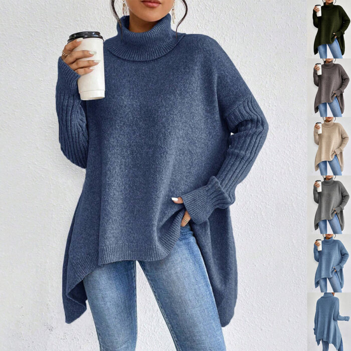 Women’s irregular turtleneck winter sweater with loose fit, long sleeves, and warm knitted pullover design