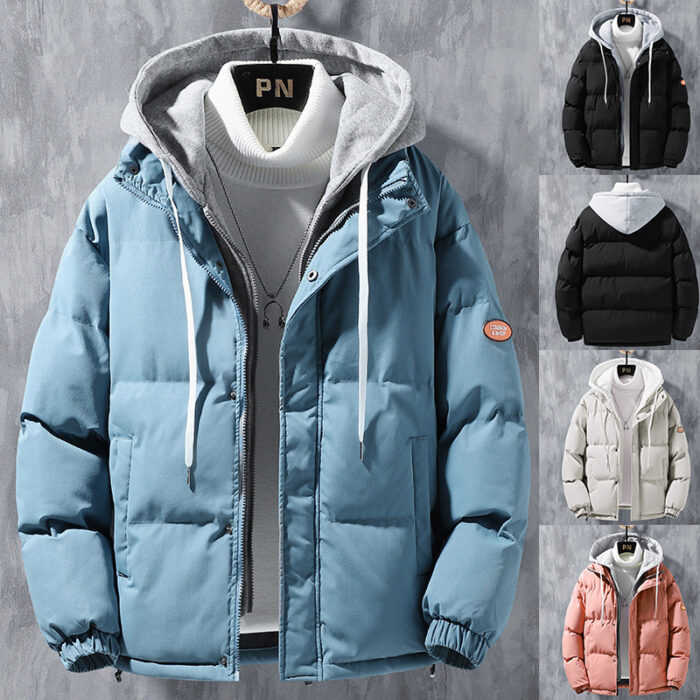 Men’s winter hooded windproof thick cotton jacket with two-piece layered design in solid color