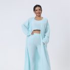 Women’s cozy 3-piece warm pajama lounge set with matching top, pants, and outerwear for winter sleepwear and stylish home loungewear.