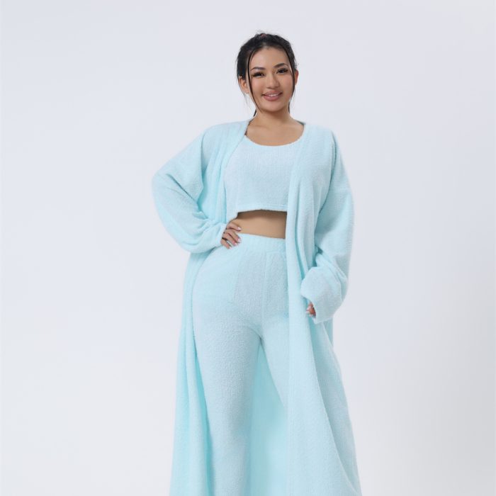 Women’s cozy 3-piece warm pajama lounge set with matching top, pants, and outerwear for winter sleepwear and stylish home loungewear.