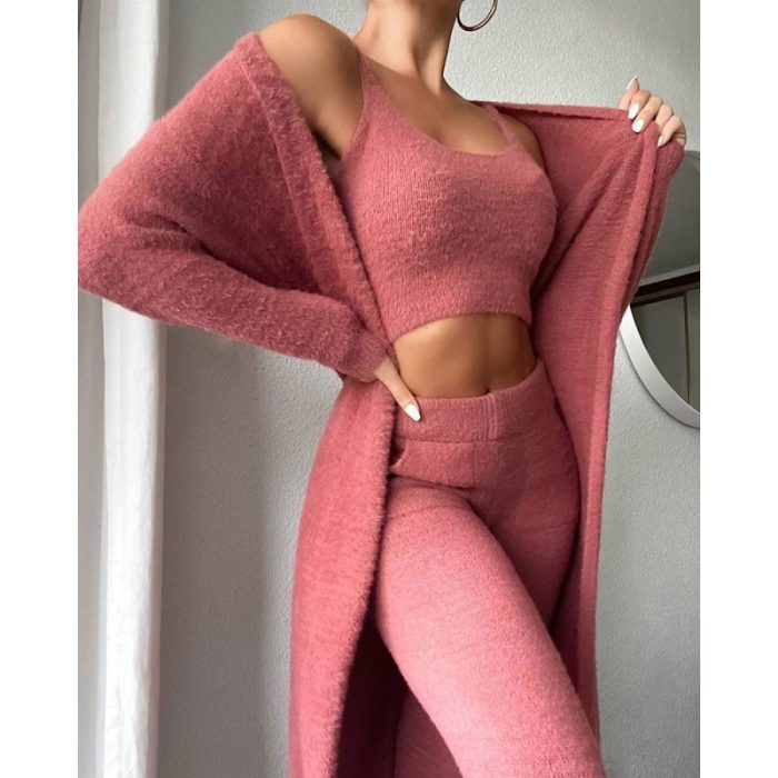 Women’s cozy 3-piece warm pajama lounge set with matching top, pants, and outerwear for winter sleepwear and stylish home loungewear.