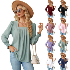 Women wearing elegant jacquard square neck pleated long sleeve blouse with swallowtail hem