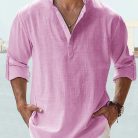 Men wearing casual cotton linen long sleeve loose fit shirt