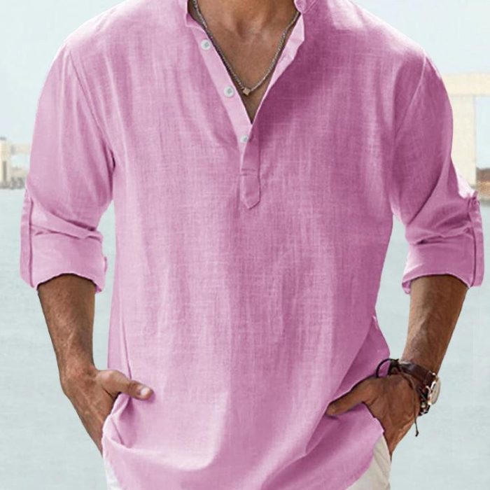 Men wearing casual cotton linen long sleeve loose fit shirt