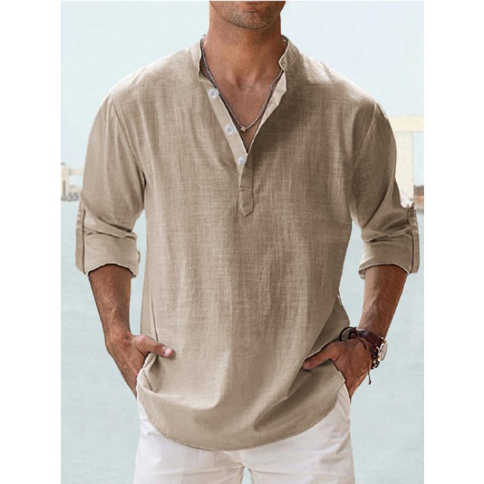 Men wearing casual cotton linen long sleeve loose fit shirt