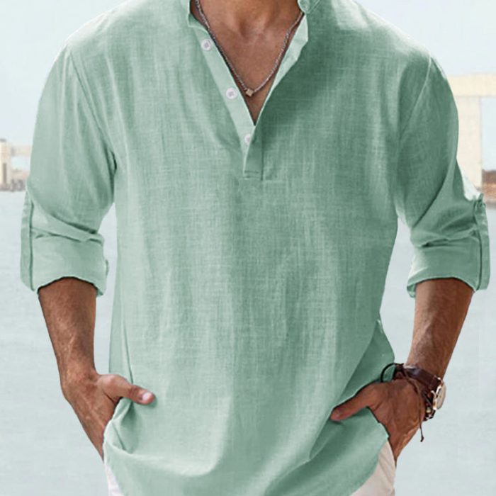 Men wearing casual cotton linen long sleeve loose fit shirt