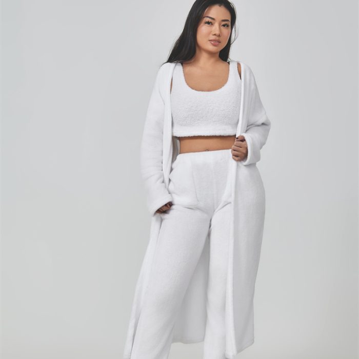 Women’s cozy 3-piece warm pajama lounge set with matching top, pants, and outerwear for winter sleepwear and stylish home loungewear.