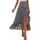 Printed ruffled maxi skirt with side slit design, lightweight and flowy summer skirt for women in casual boho style
